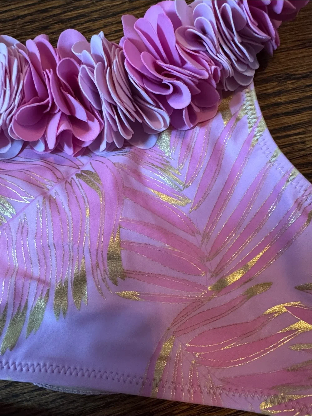 Kids Pink Floral Trim Bikini Set with Gold Palm Print